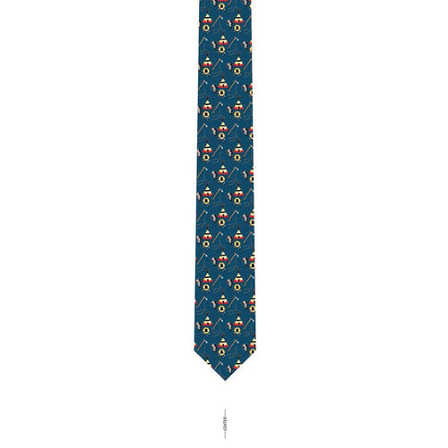 Blue silk necktie featuring a repeating hand-drawn Plains Indian pattern by artist Kerr Hager.