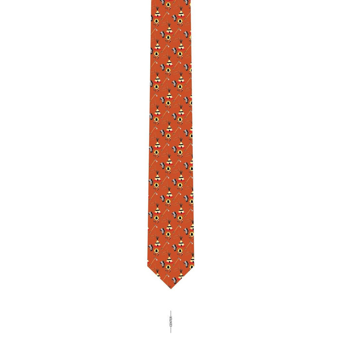 Rust-colored silk necktie featuring a repeating hand-drawn pattern of Plains Indian tipis and tribal motifs.