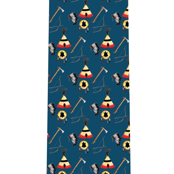 Blue silk necktie featuring a repeating pattern of hand-drawn tipis, tomahawks, bows, and headdresses by Kerr Hager.