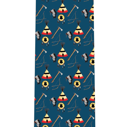 Blue silk necktie featuring a repeating pattern of hand-drawn tipis, tomahawks, bows, and headdresses by Kerr Hager.