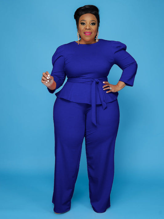 Plus Size Autumn Platform Solid Color Long-Sleeved Trousers  Two-Piece Suit