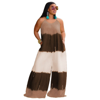 Plus Size New Patchwork Printed Suspenders Fashion Casual Long  Women Clothes Jumpsuit