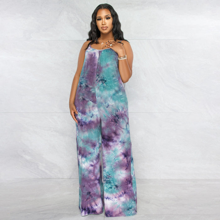 Plus Size New Tie-Dyed Printed Sling Casual Pants Straight Stylish Loose  Jumpsuit