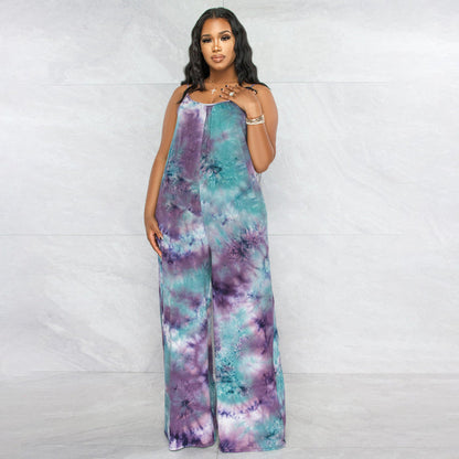 Plus Size New Tie-Dyed Printed Sling Casual Pants Straight Stylish Loose  Jumpsuit