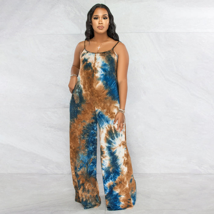 Plus Size New Tie-Dyed Printed Sling Casual Pants Straight Stylish Loose  Jumpsuit