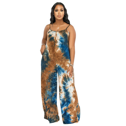Plus Size New Tie-Dyed Printed Sling Casual Pants Straight Stylish Loose  Jumpsuit