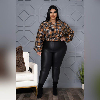 Plus Size Nightclub Uniforms Asymmetric Drop Shoulder Pocket Cotton Plaid Top