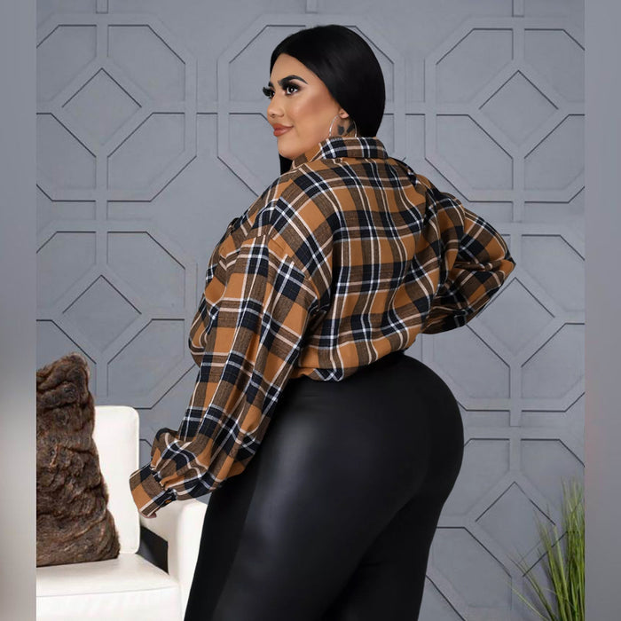 Plus Size Nightclub Uniforms Asymmetric Drop Shoulder Pocket Cotton Plaid Top