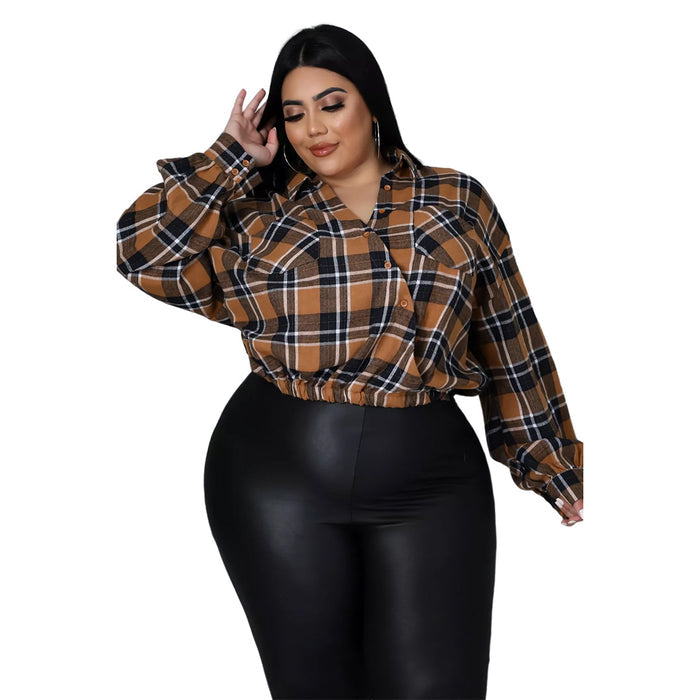 Plus Size Nightclub Uniforms Asymmetric Drop Shoulder Pocket Cotton Plaid Top