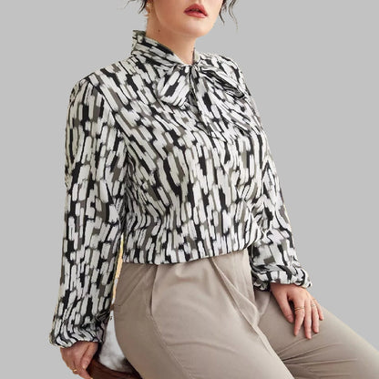 Plus Size Spring Autumn Leopard Print Bow Collar Top Women Long Sleeve Shirt