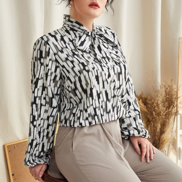 Plus Size Spring Autumn Leopard Print Bow Collar Top Women Long Sleeve Shirt