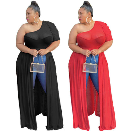 Plus Size Women Clothes Nightclub Sexy Mesh Shoulder Front Short Back Maxi Dress Top