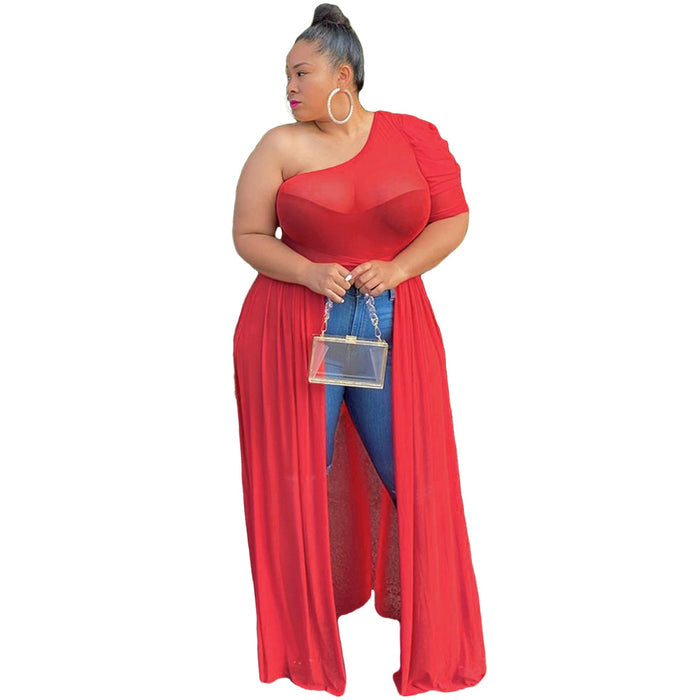 Plus Size Women Clothes Nightclub Sexy Mesh Shoulder Front Short Back Maxi Dress Top