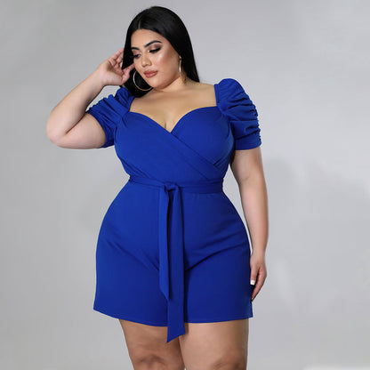 Plus Size Women Clothing Casual Sexy Solid Color Belt  Jumpsuit