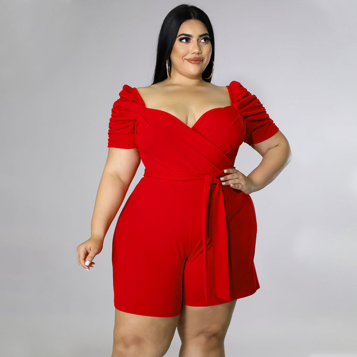 Plus Size Women Clothing Casual Sexy Solid Color Belt  Jumpsuit