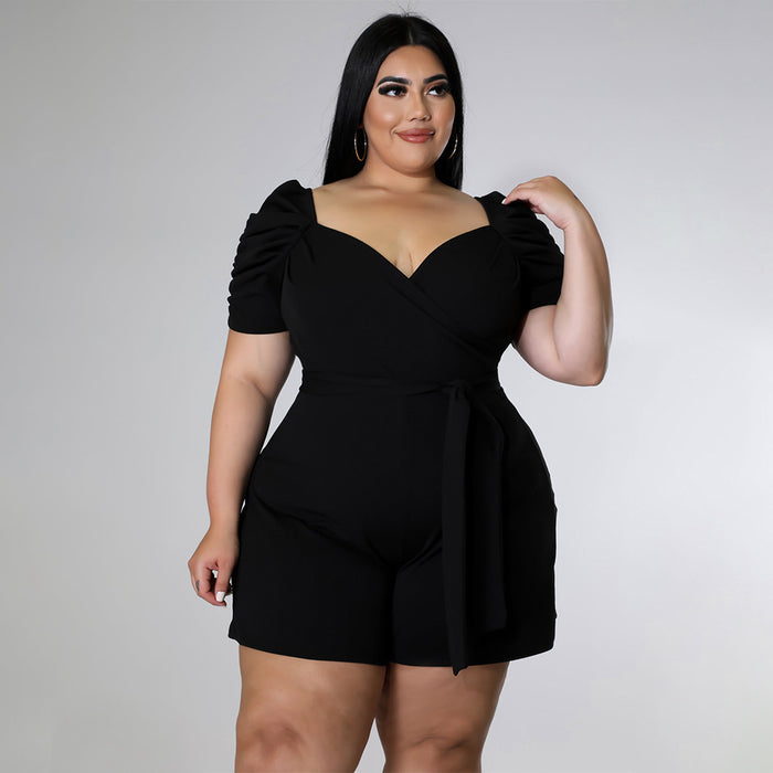 Plus Size Women Clothing Casual Sexy Solid Color Belt  Jumpsuit