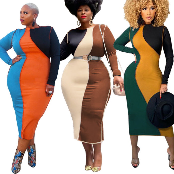 Plus Size Women Clothing Spring Stitching Contrast Color Tight  Dress