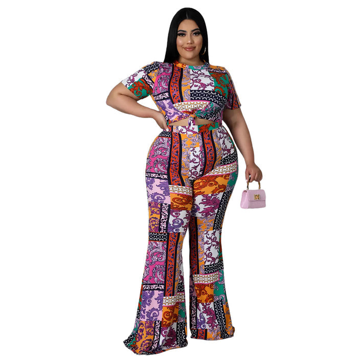 Plus Size Women Nightclub Uniforms Printed Short Sleeve Bell-Bottom Pants Two-Piece Set