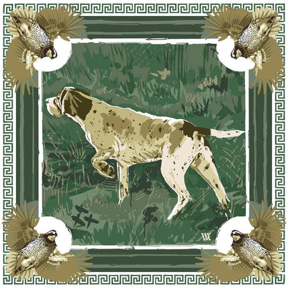 Silk twill scarf featuring an English pointer, quail, and Greek key border in green, ochre, and cream tones.