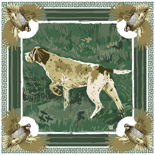 Silk twill scarf featuring an English pointer, quail, and Greek key border in green, ochre, and cream tones.