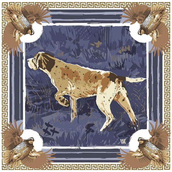 Navy blue and ochre silk scarf featuring an English pointer, bobwhite quail, and a classic Greek key border design.
