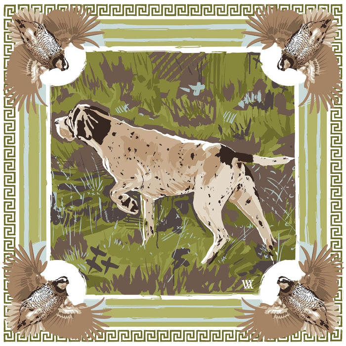 Silk twill scarf featuring an English pointer, bobwhite quail, and Greek key border in navy, ochre, and cream tones.
