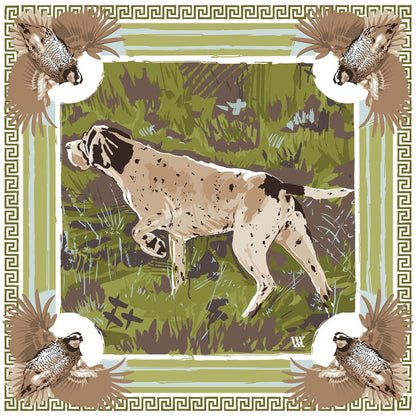 Silk twill scarf featuring an English pointer, bobwhite quail, and Greek key border in navy, ochre, and cream tones.