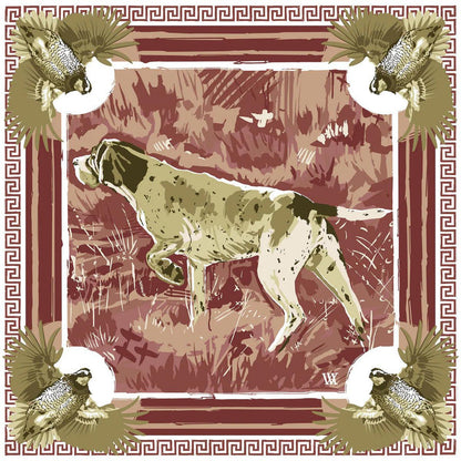 Silk twill scarf featuring an English pointer, quail, and Greek key border in navy, ochre, and cream tones.