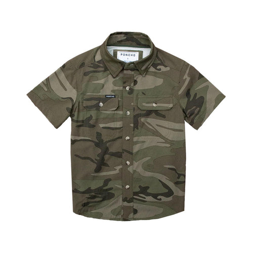 Kids' short-sleeve camouflage button-down shirt with dual chest pockets, made from lightweight, quick-drying performance fabric.
