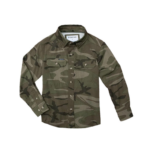 Kids' long-sleeve camouflage performance shirt with button-down front, dual chest pockets, and breathable fabric.