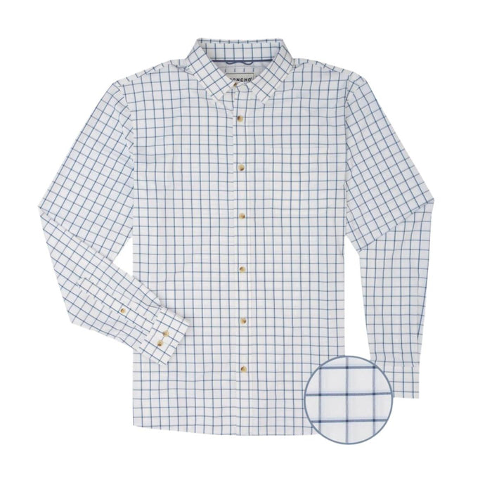 Poncho Abaco long sleeve performance shirt in white with a blue grid pattern, featuring a button-down collar and chest pocket.