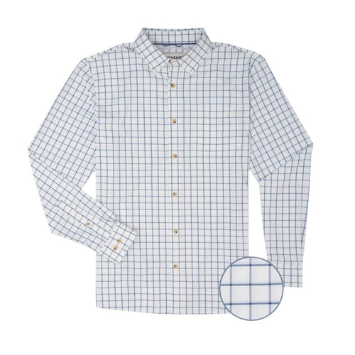 Poncho Abaco long sleeve performance shirt in white with a blue grid pattern, featuring a button-down collar and chest pocket.
