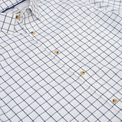 White long-sleeve performance shirt with a navy blue grid pattern, button-down collar, and single chest pocket.