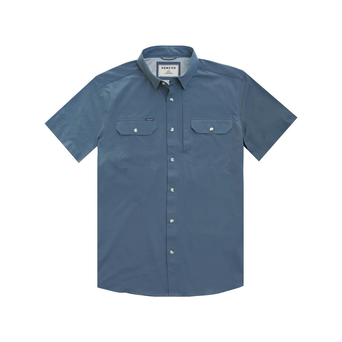 Blue short-sleeve performance shirt with magnetic chest pockets, button-down front, and breathable nylon-spandex fabric.
