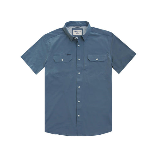 Blue short-sleeve performance shirt with magnetic chest pockets, button-down front, and breathable nylon-spandex fabric.