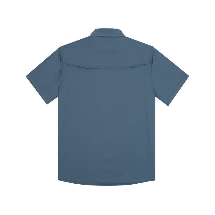 Back view of a blue short-sleeve performance shirt with a vented back panel for airflow and lightweight, breathable fabric.