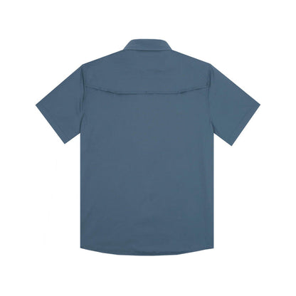 Back view of a blue short-sleeve performance shirt with a vented back panel for airflow and lightweight, breathable fabric.