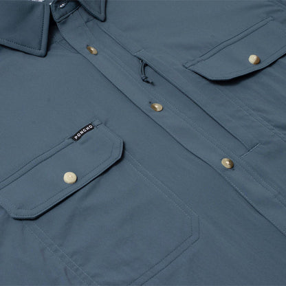 Blue Poncho Ahi short sleeve performance shirt with magnetic chest pockets and button-down collar.