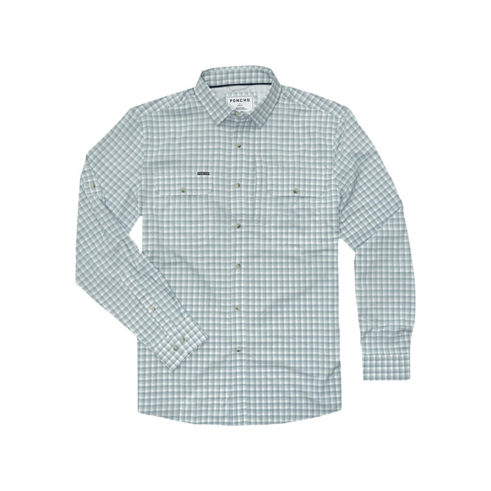 Light blue and white plaid long-sleeve performance shirt with button-down collar and dual chest pockets.