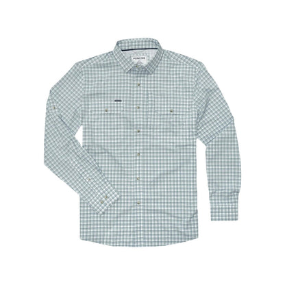 Light blue and white plaid long-sleeve performance shirt with button-down collar and dual chest pockets.