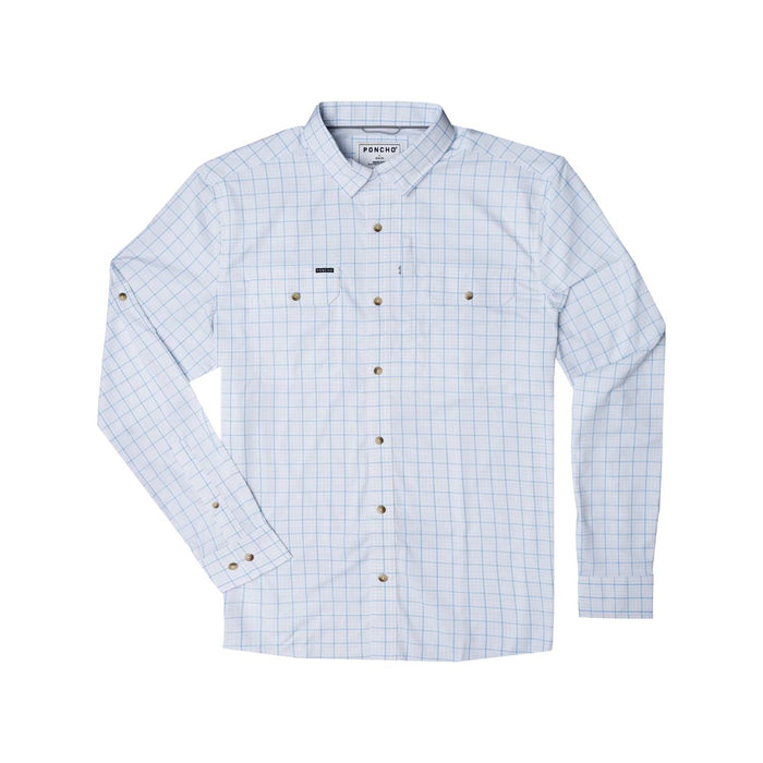 White long-sleeve button-down shirt with a blue grid pattern, featuring magnetic chest pockets and roll-up sleeve tabs.