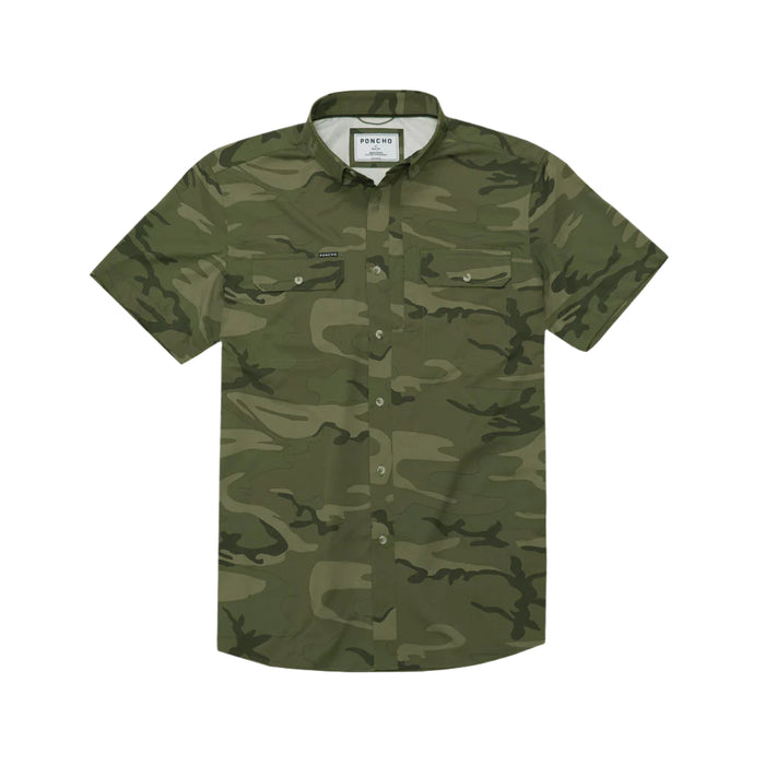 Poncho Arroyo short-sleeve performance field shirt in green camo with magnetic chest pockets and button-down collar.