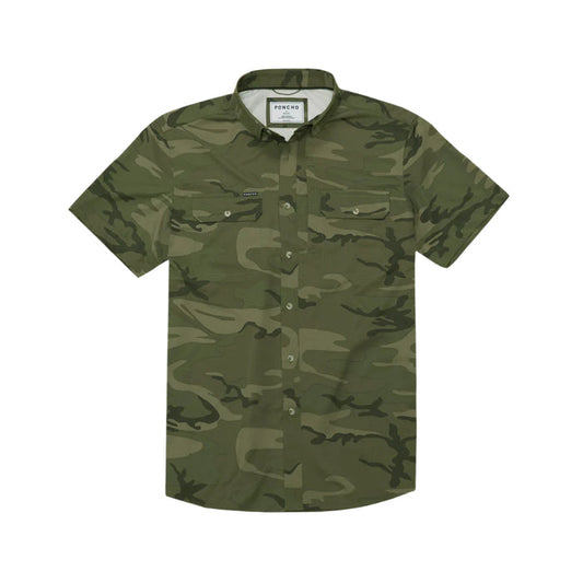 Poncho Arroyo short-sleeve performance field shirt in green camo with magnetic chest pockets and button-down collar.