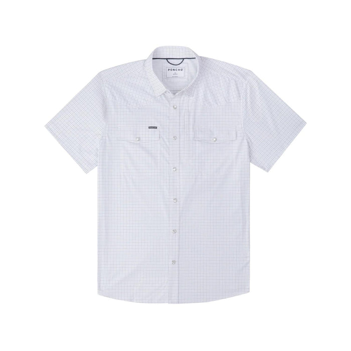 White short-sleeve Western shirt with a blue grid pattern, pearl snaps, and two chest pockets on a lightweight fabric.