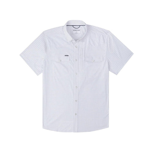 White short-sleeve Western shirt with a blue grid pattern, pearl snaps, and two chest pockets on a lightweight fabric.