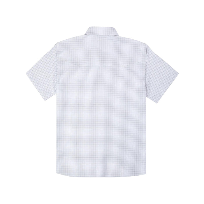 Back view of a white short-sleeve Western shirt with a blue grid pattern, featuring a vented back yoke.