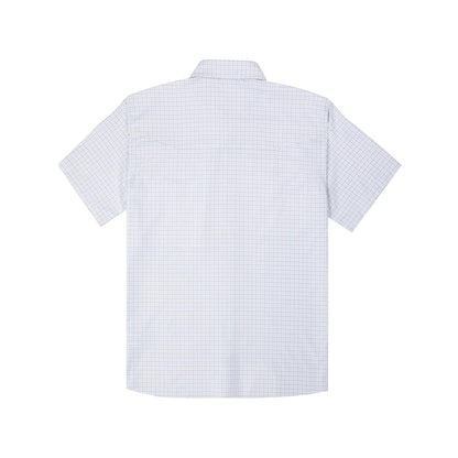 Back view of a white short-sleeve Western shirt with a blue grid pattern, featuring a vented back yoke.