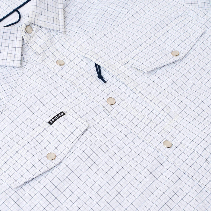 White short-sleeve Western shirt with a blue grid pattern, pearl snap buttons, and a Poncho chest pocket logo.