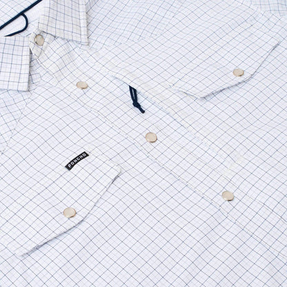 White short-sleeve Western shirt with a blue grid pattern, pearl snap buttons, and a Poncho chest pocket logo.