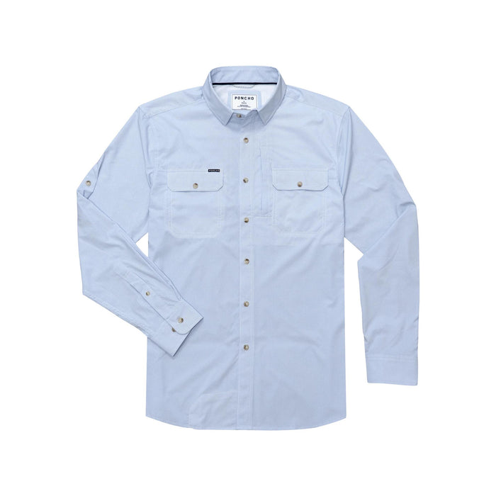 Light blue long-sleeve outdoor shirt with button-down front, dual chest pockets, and roll-up sleeve tabs.